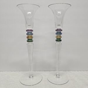 Vintage 90s Block Carnival Crystal Candlestick Holder Set Of 2 Poland 12"